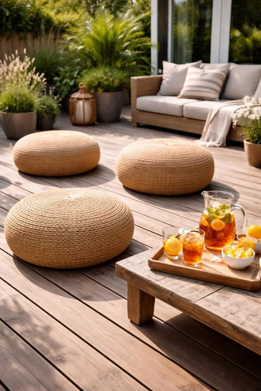 A realistic photo of a patio with three large round woven jute floor poufs scattered on a wooden deck next to a low coffee table, with a glass pitcher of iced tea and lemons sitting nearby on a summer afternoon.