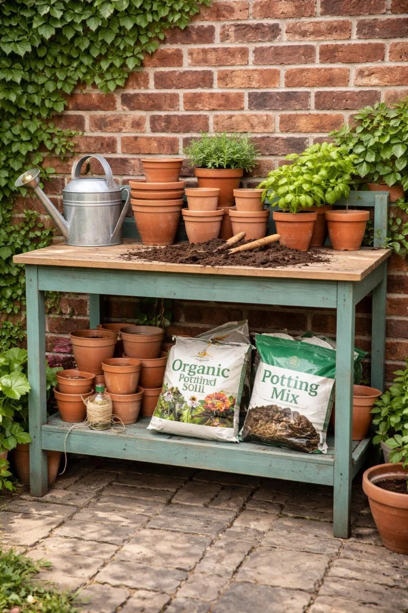 A realistic photo of a garden showing a weathered teal wood potting bench against a brick wall, covered in terracotta pots, a small metal watering can, and bags of soil with some spilled dirt on the surface.