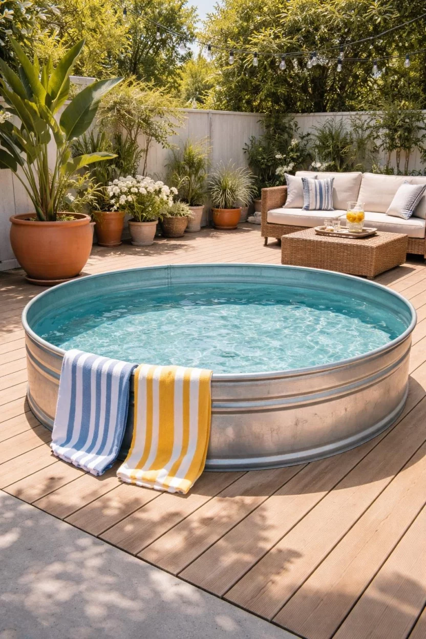 A realistic photo of a patio featuring a galvanized steel stock tank pool filled with clear blue water, surrounded by a light wood deck and two striped beach towels resting on its edge near a large terracotta planter.