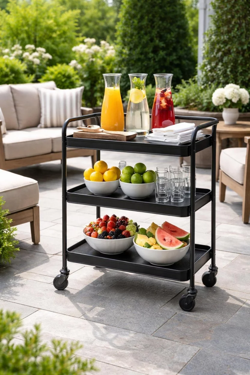 A realistic photo of a patio featuring a three tiered black metal rolling bar cart stocked with glass carafes, colorful bowls of fruit, and clean white napkins next to a group of outdoor chairs.