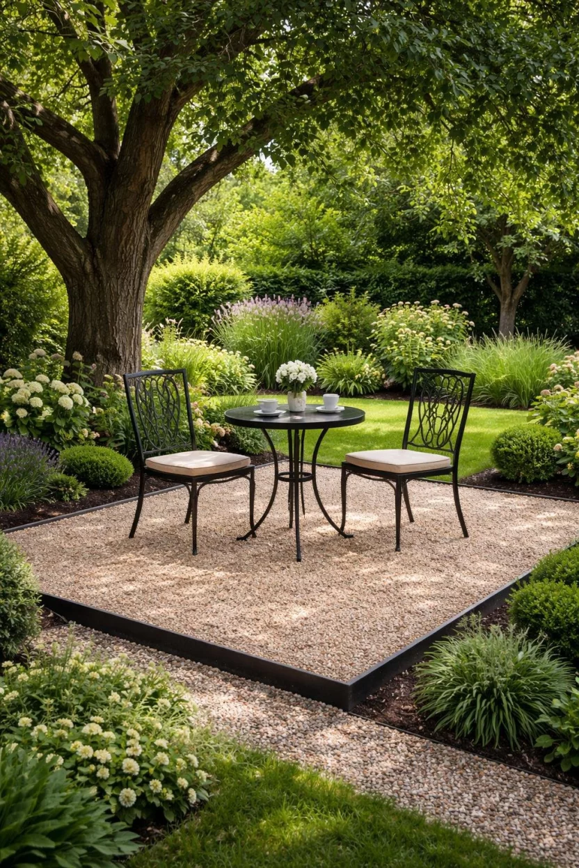 A realistic photo of a garden with a square area of light tan pea gravel bordered by dark steel edging, containing a small round bistro table and two matching metal chairs under the shade of a large tree.
