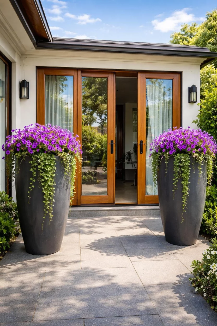 A realistic photo of a patio with two massive tall charcoal gray planters holding vibrant purple flowers and trailing green vines, flanking the entrance to a wooden sliding door under a bright afternoon sky.