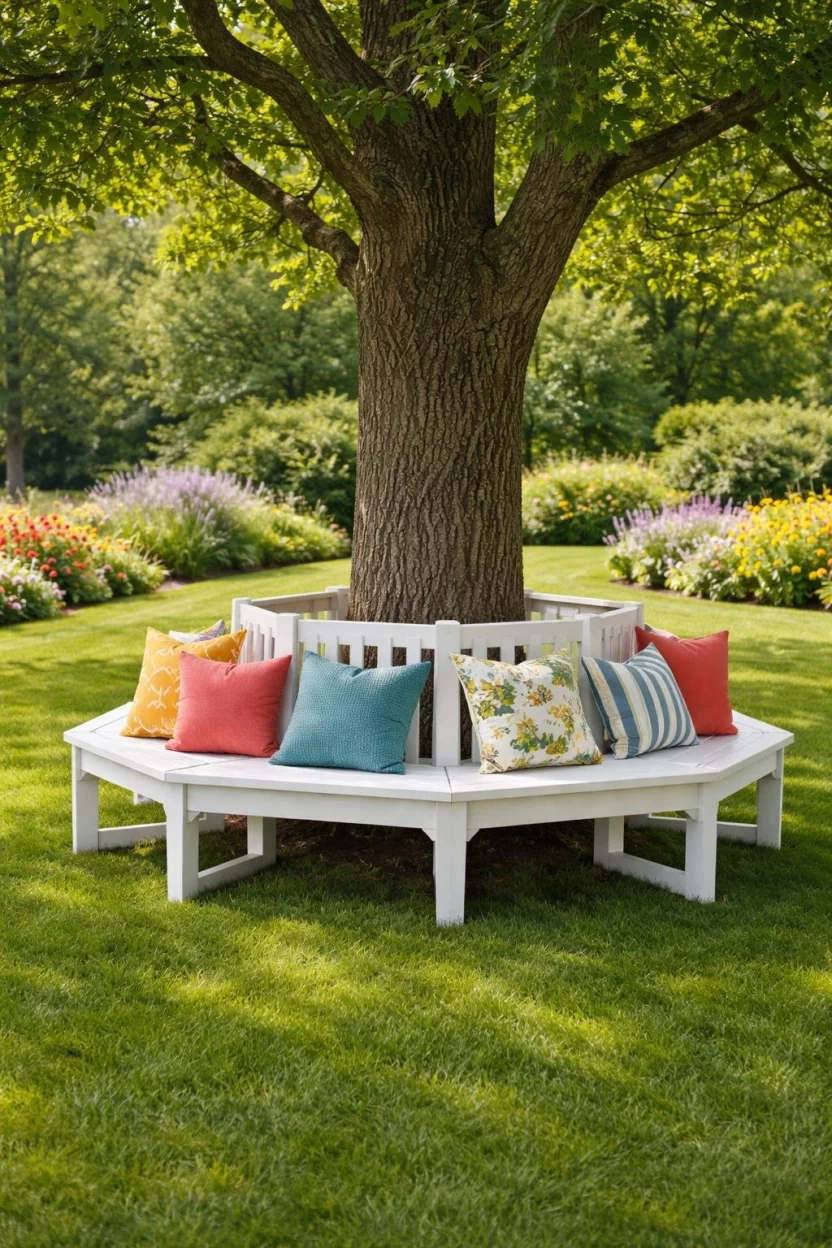 A realistic photo of a garden featuring a hexagonal white wooden bench built entirely around the base of a large oak tree, with green grass all around and several colorful throw pillows on the individual seats.