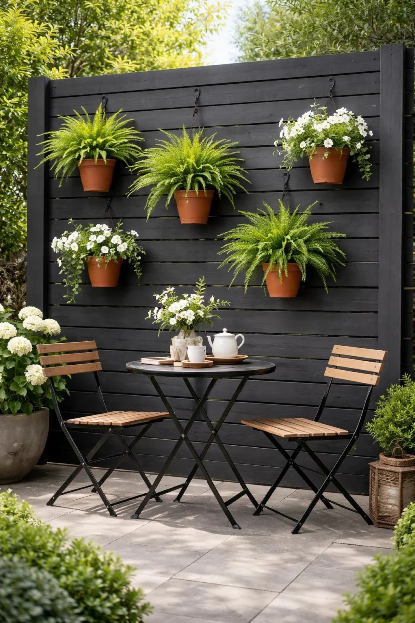 A realistic photo of a patio with a tall wooden slat privacy screen painted dark charcoal, decorated with several hanging clay pots containing green ferns and white flowers, positioned behind a small bistro table and chairs.