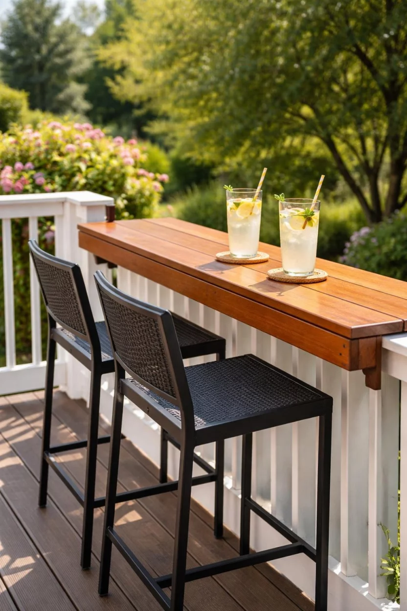 A realistic photo of a patio featuring a wooden bar top attached to a deck railing, with two black metal bar stools tucked underneath and two glasses of lemonade with straws sitting on top in the sun.