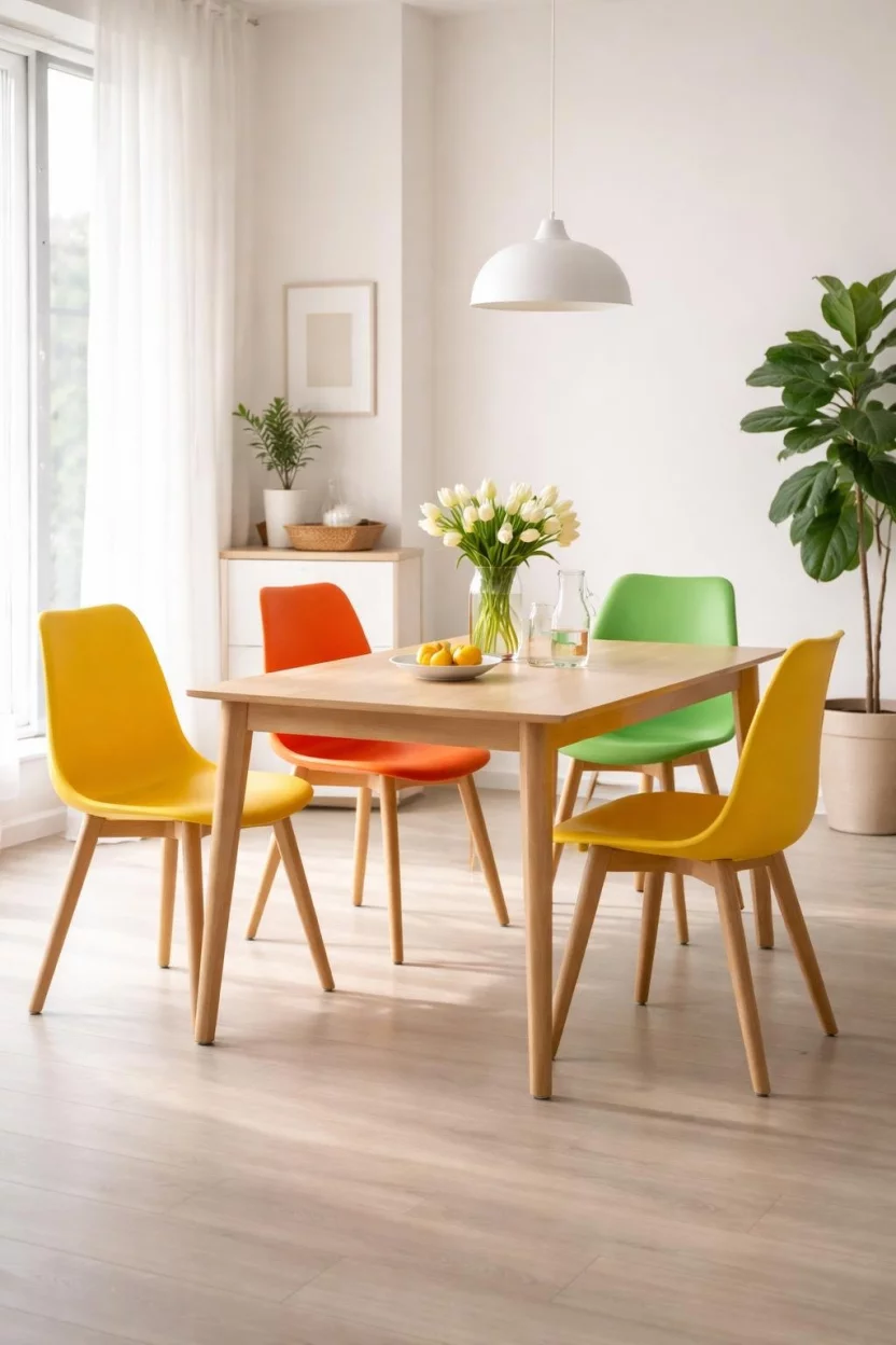 A realistic photo of a dining room featuring a light wood table and four chairs in assorted bright colors including yellow, orange, and green plastic seats in a sunlit room with white walls.