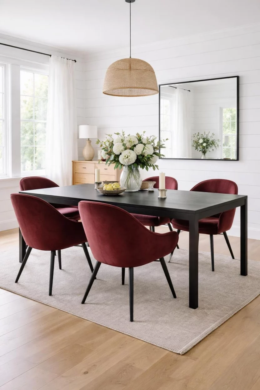 A realistic photo of a dining room with white shiplap walls, light wood floors, a dark rectangular table, and four distinctive curving maroon chairs that provide a deep contrast to the airy and bright interior space.