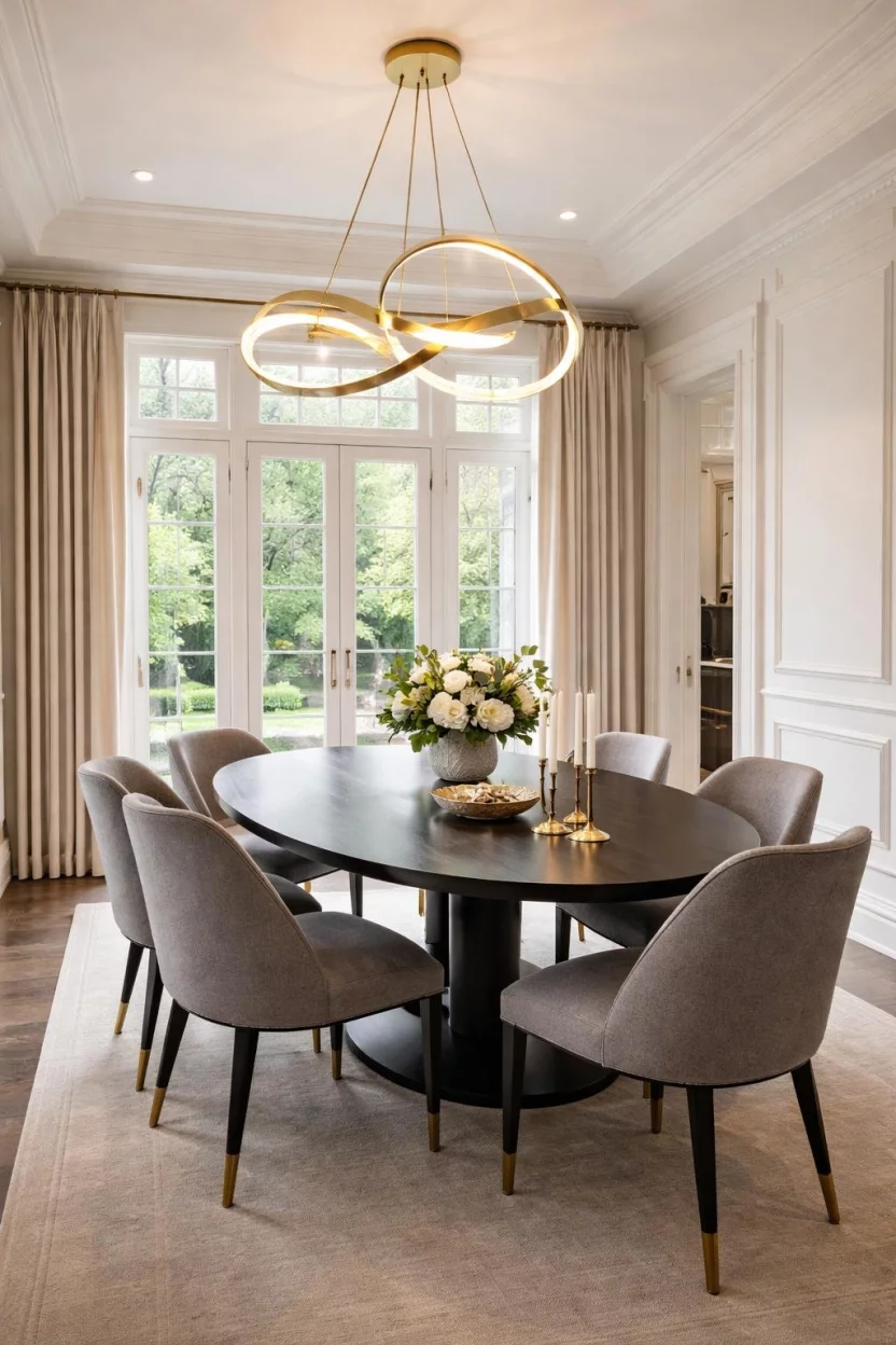 A realistic photo of a dining room with white wainscoting, tall french doors, a dark oval table, and stylish grey upholstered chairs under unique brass lighting fixtures that cast a warm glow across the elegant architectural details.