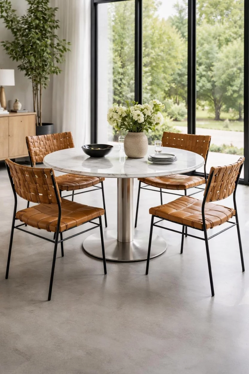 A realistic photo of a dining room showcasing a white marble-top round table with a sleek metal base and four tan leather strap chairs on a smooth grey concrete floor with large windows in the background.