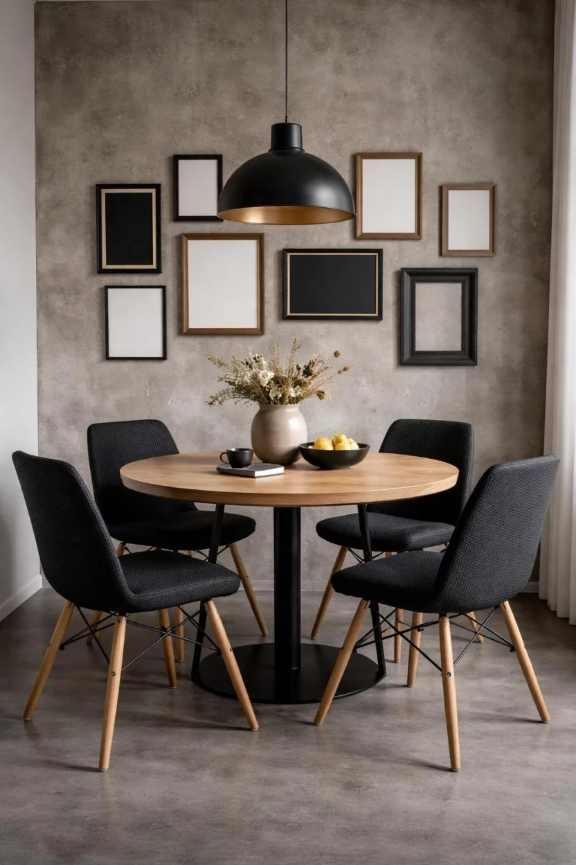 A realistic photo of a dining room nook with a light wood round table, dark charcoal chairs with dowel legs, and a concrete feature wall adorned with empty frames, creating a moody and artistic corner.