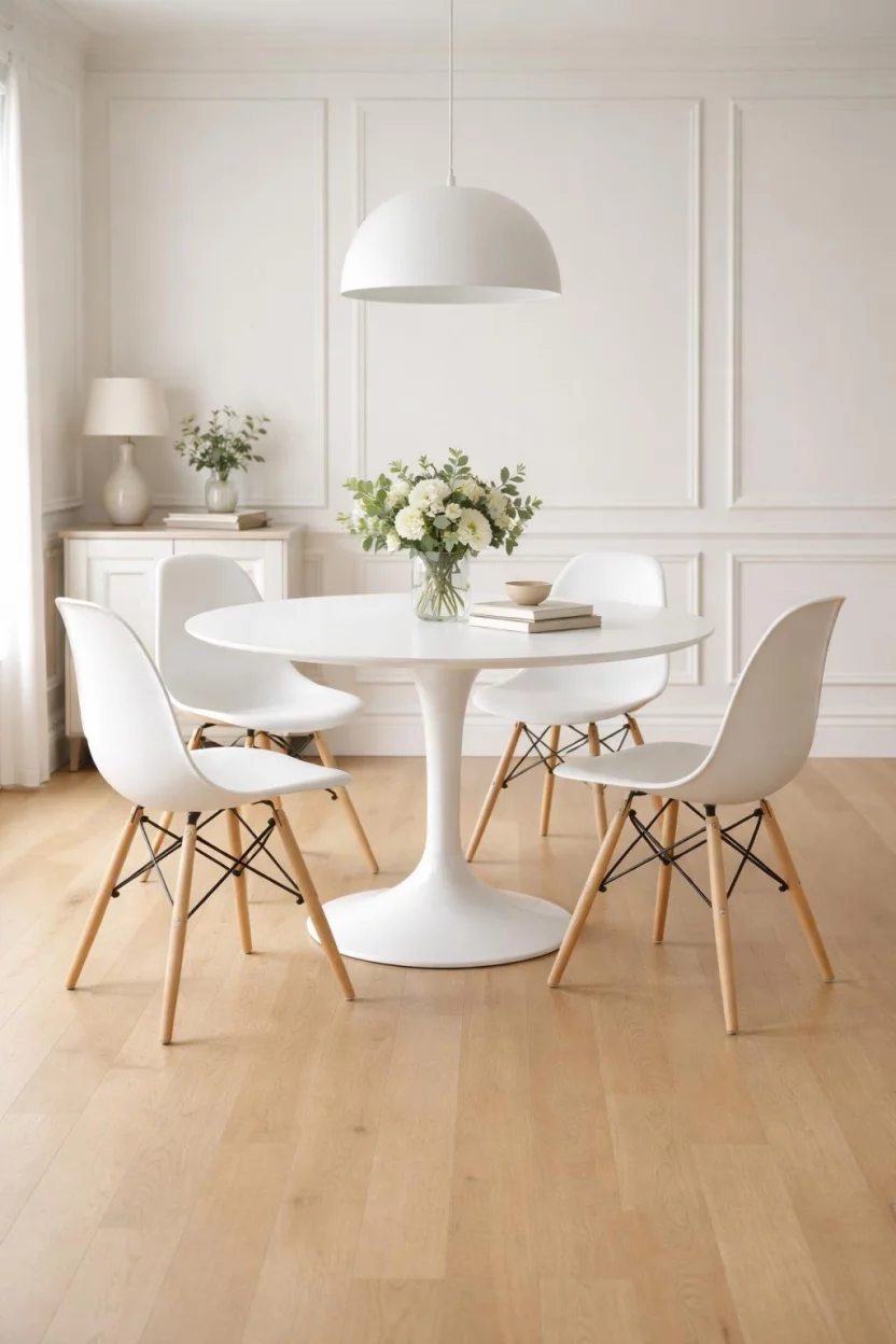 A realistic photo of a dining room with a white tulip table and four white molded chairs with light wood legs, positioned against elegant white paneled walls on a polished light hardwood floor with minimal clutter.