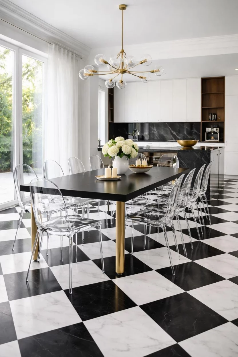 A realistic photo of a dining room with clear acrylic chairs around a black-topped table, set on a distinctive black and white checkerboard floor in a sleek modern kitchen area with high ceilings and natural sunlight.