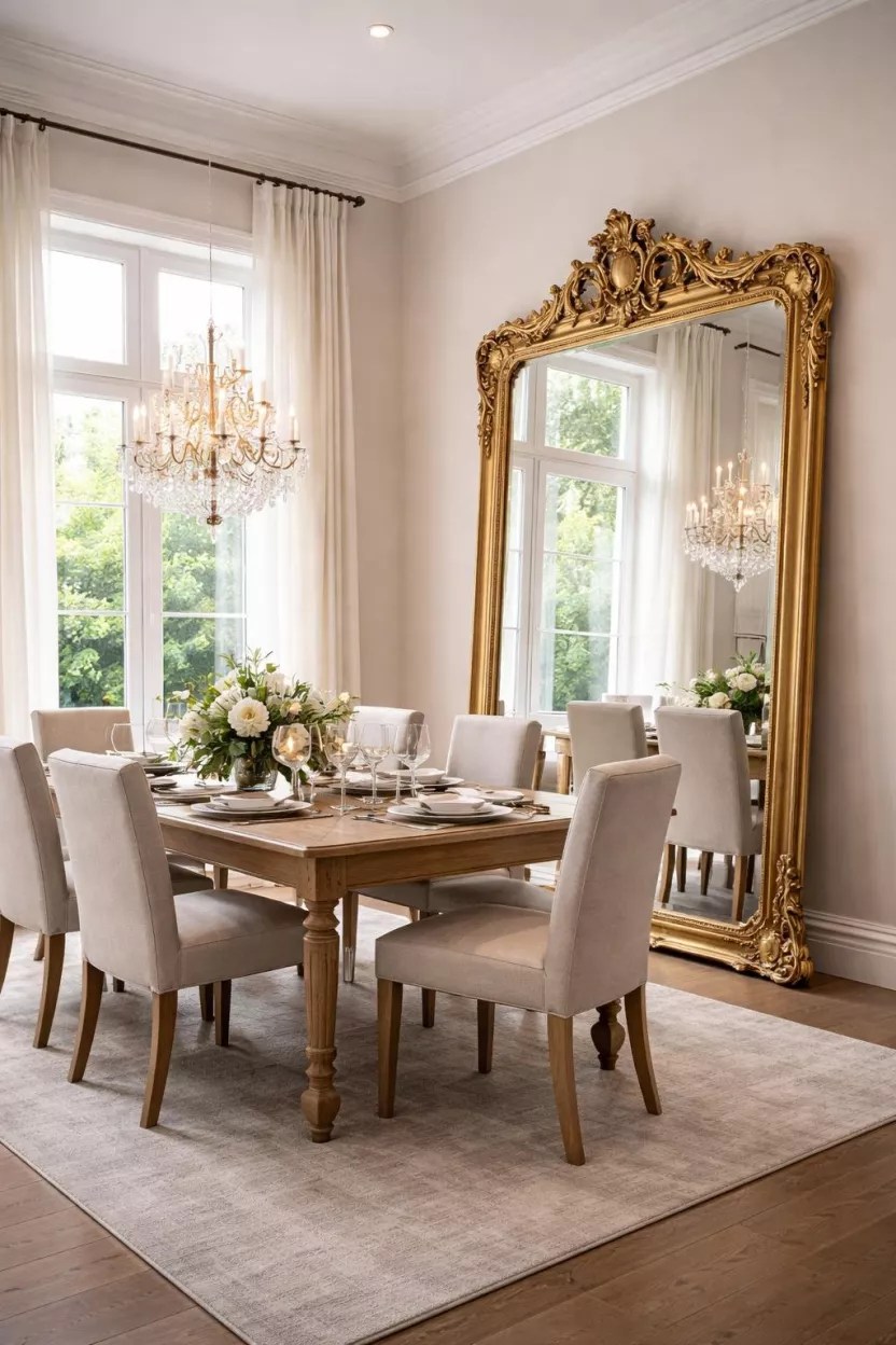 A realistic photo of a dining room with a massive gold ornate mirror leaning against a wall opposite a window.
