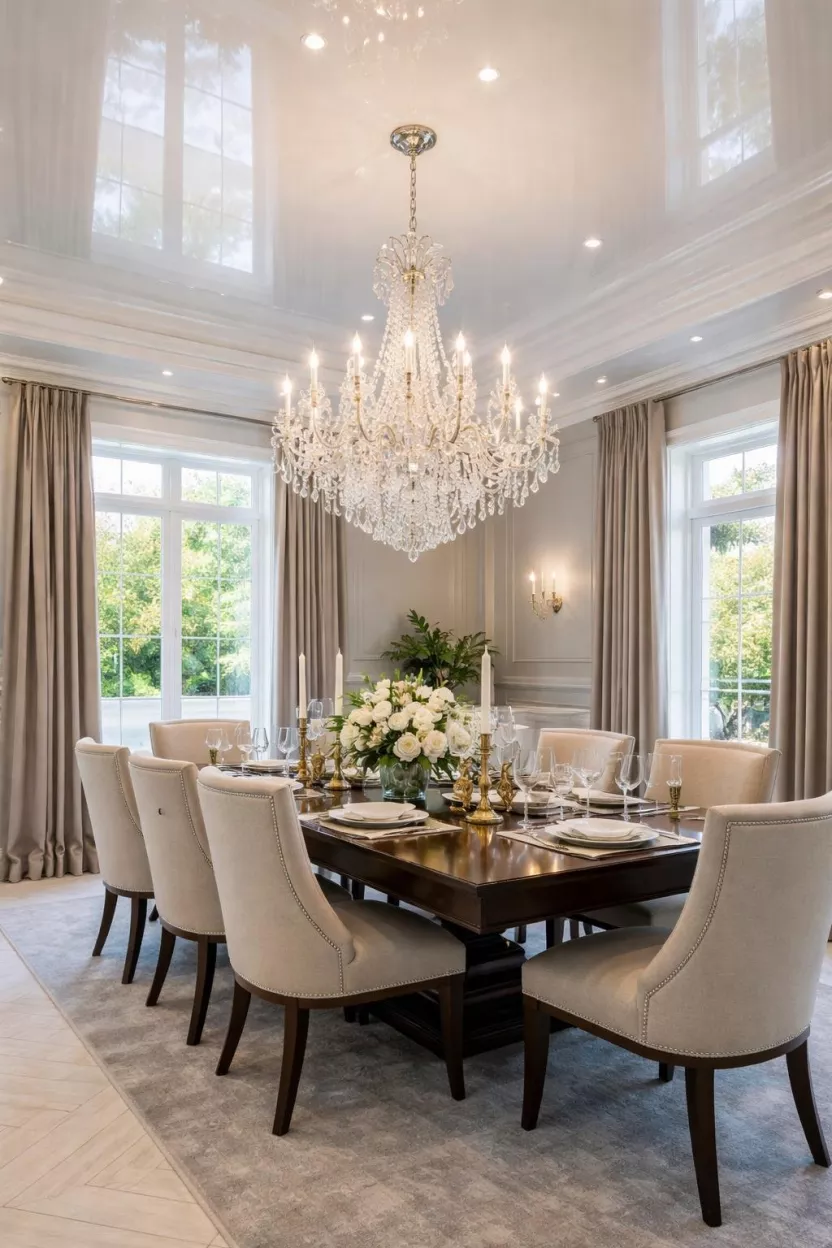 A realistic photo of a dining room with a high gloss white ceiling and a crystal chandelier reflecting light.