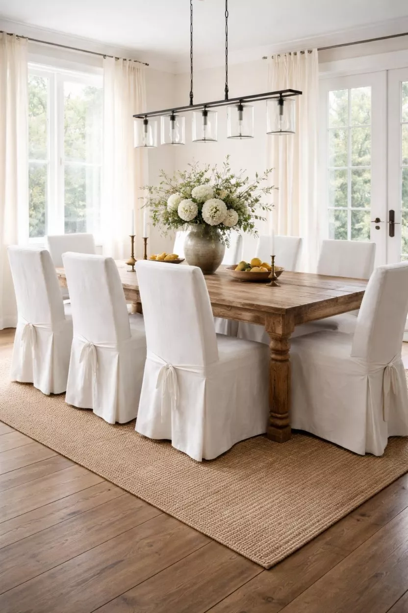 A realistic photo of a dining room with chairs wearing white linen slipcovers around a rustic wooden table under soft natural light.