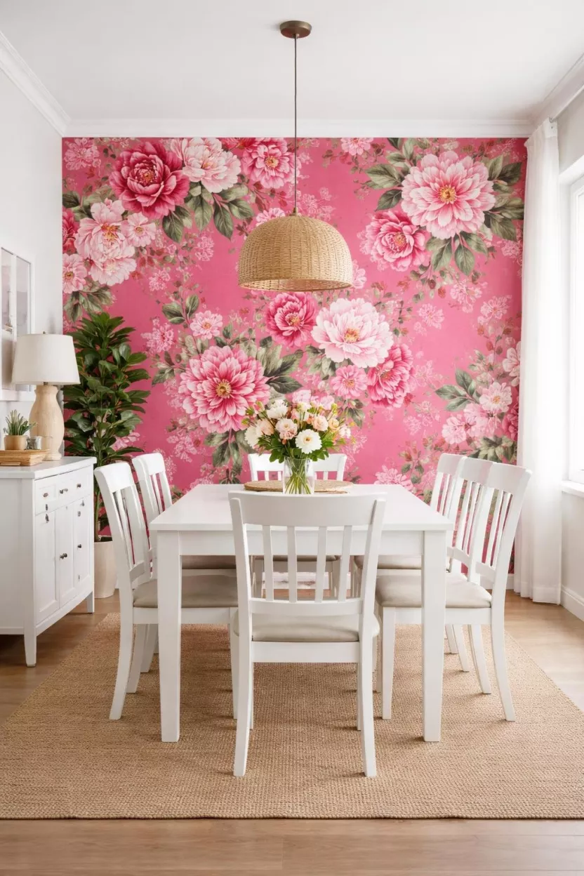 A realistic photo of a dining room featuring a bold pink floral wallpaper on an accent wall with a simple white dining set.