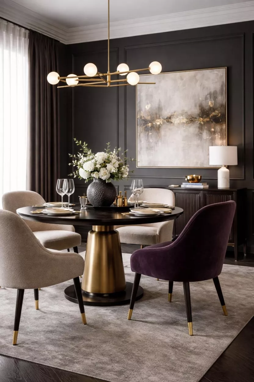 A realistic photo of a dining room with deep charcoal grey walls, a dark plum velvet chair, and subtle gold accents.