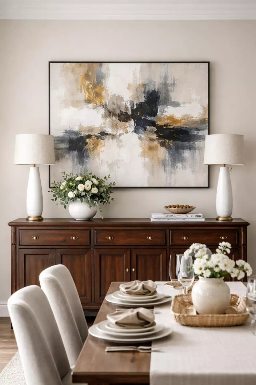 A realistic photo of a dining room with a vintage dark wood sideboard and a modern abstract painting hanging above it.