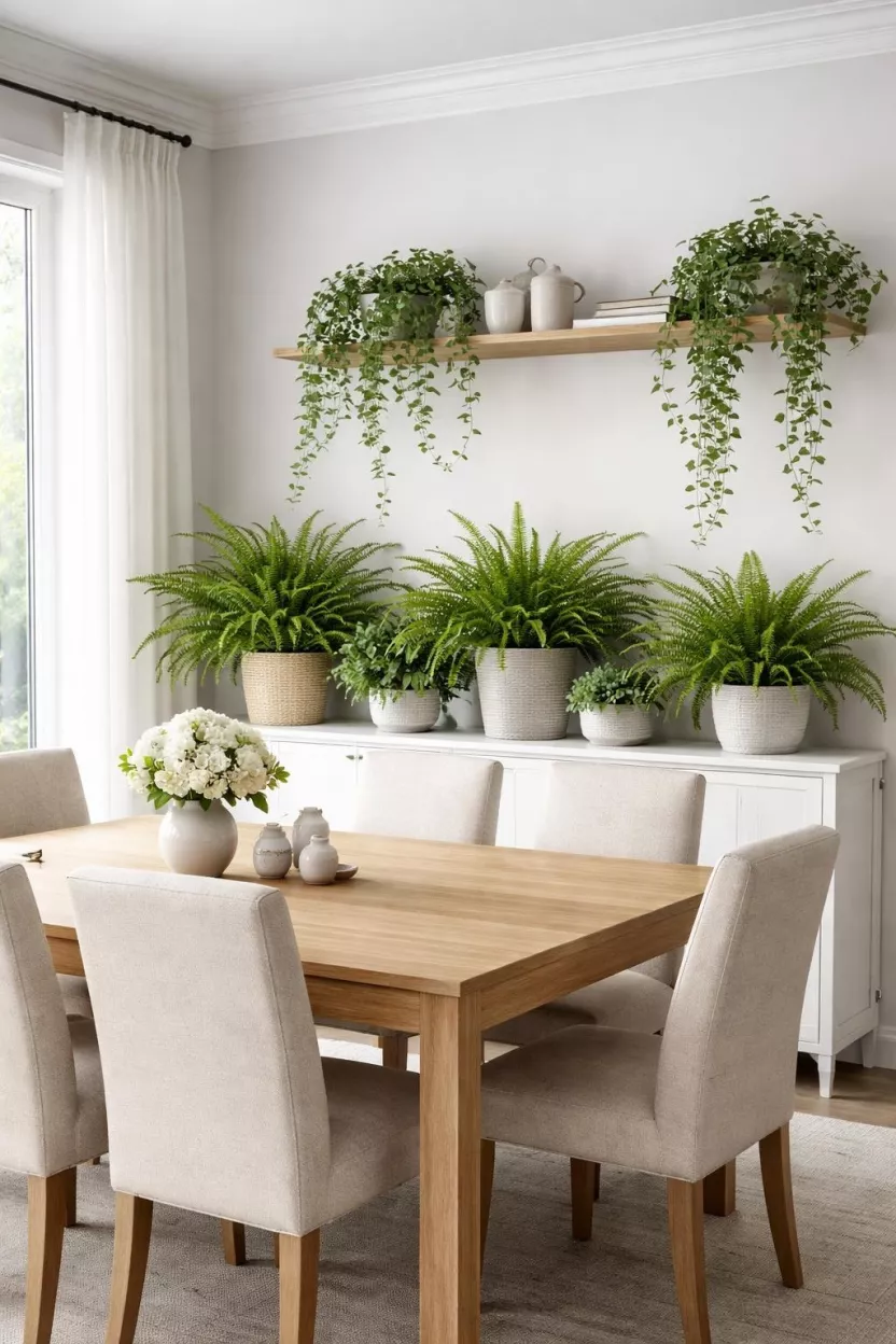 A realistic photo of a dining room with several green potted ferns on a sideboard and trailing ivy hanging from a shelf.