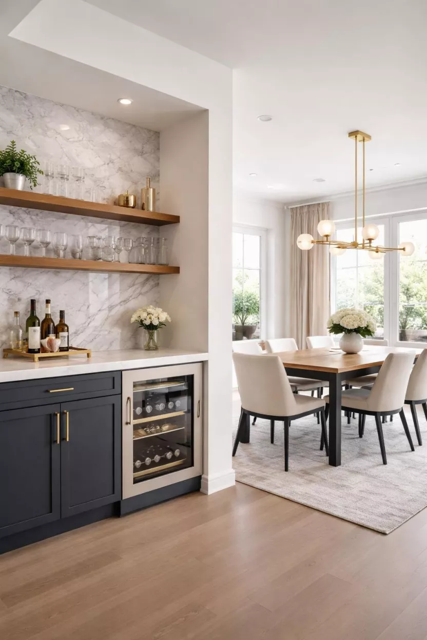 A realistic photo of a dining room with a small bar area featuring white marble countertops and floating wood shelves holding glassware.