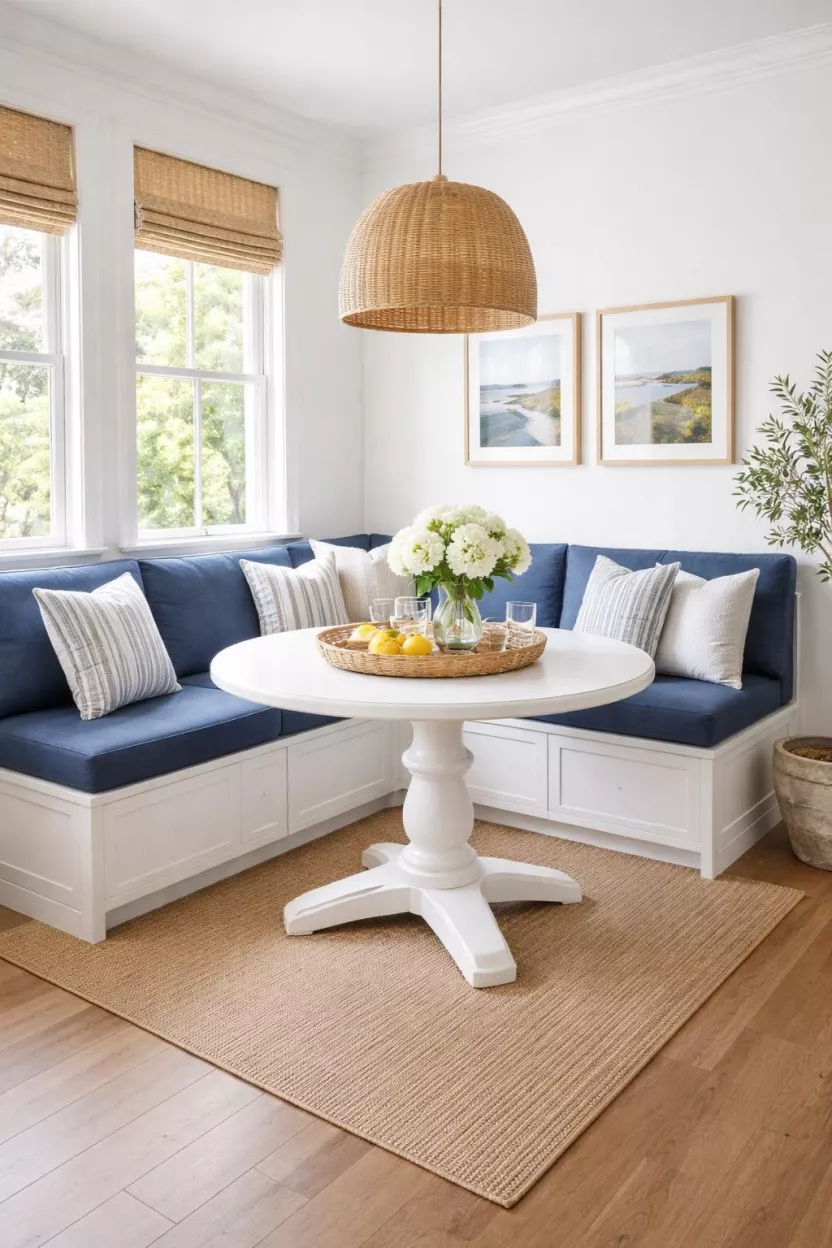 A realistic photo of a dining room featuring a built in corner banquette with navy blue cushions and a round pedestal table.
