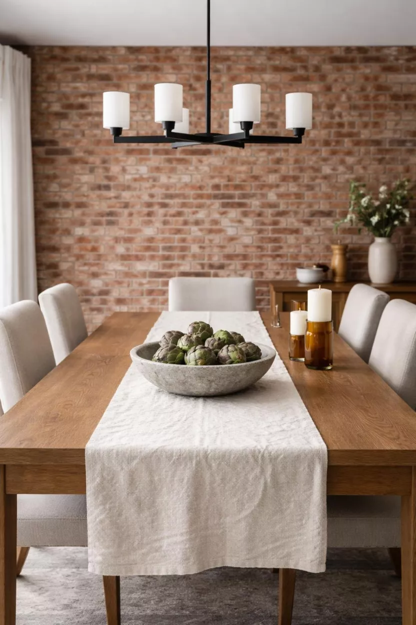A realistic photo of a dining room with an exposed red brick wall, a heavy linen table runner, and a stone centerpiece bowl.