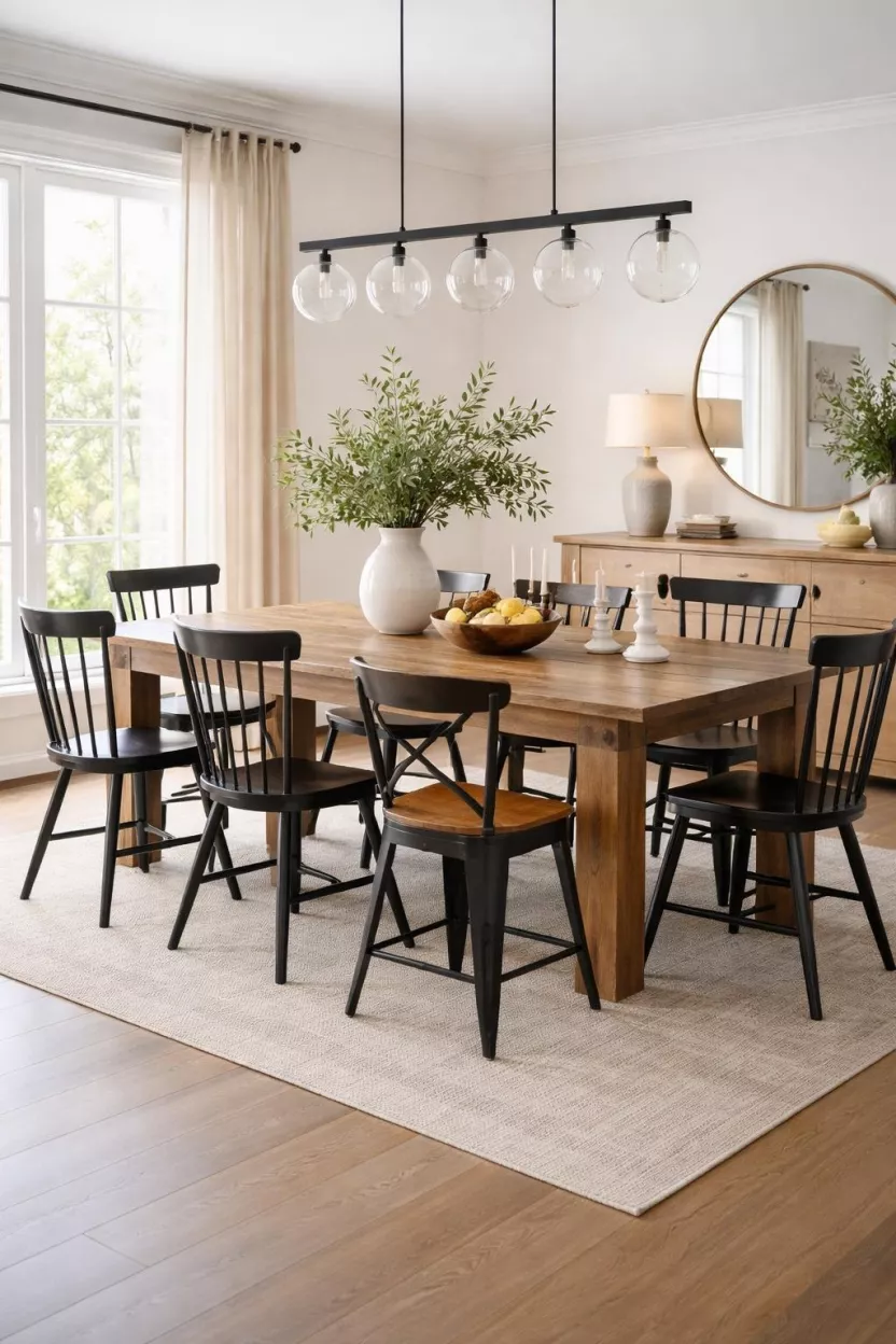 A realistic photo of a dining room with a wooden table surrounded by different styles of black wooden chairs and metal stools.