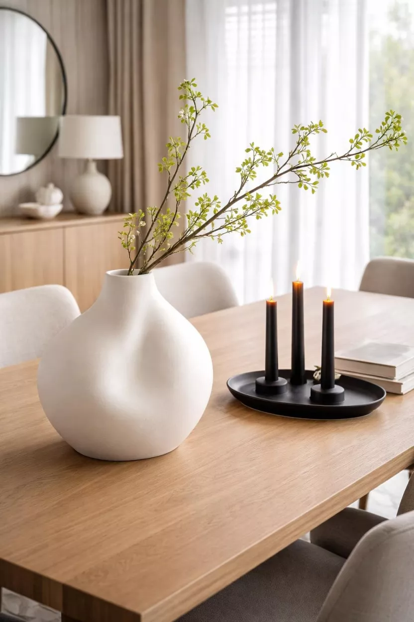 A realistic photo of a dining room table with a large white organic shaped ceramic vase and a few black taper candles.