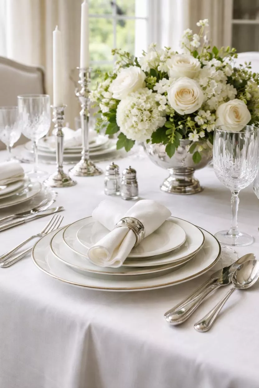 A realistic photo of a dining room table set with white heirloom china, silver flatware, and layered white linen napkins.