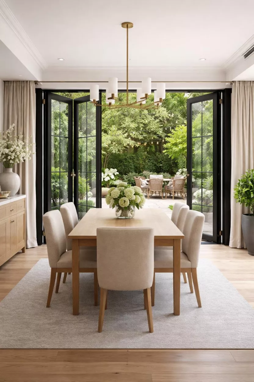 A realistic photo of a dining room with large black framed glass bifold doors opening to a lush green garden patio.