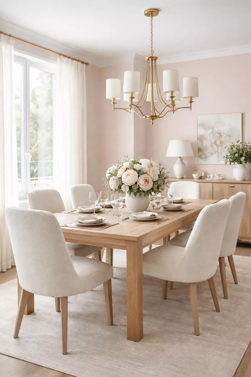A realistic photo of a dining room with soft blush pink walls, cream colored chairs, and a light wood table.