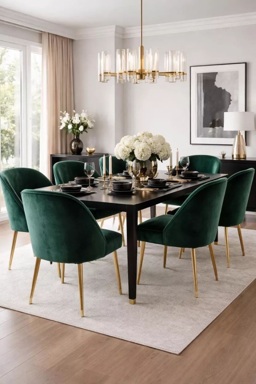 A realistic photo of a dining room with emerald green velvet chairs and a sleek black table.