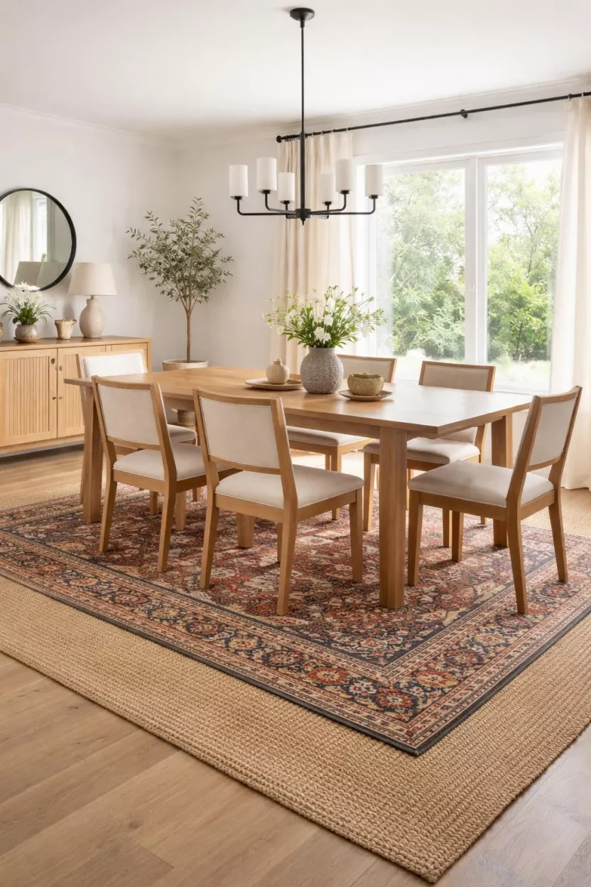 A realistic photo of a dining room with a large jute rug layered under a smaller colorful Persian rug beneath a dining table.