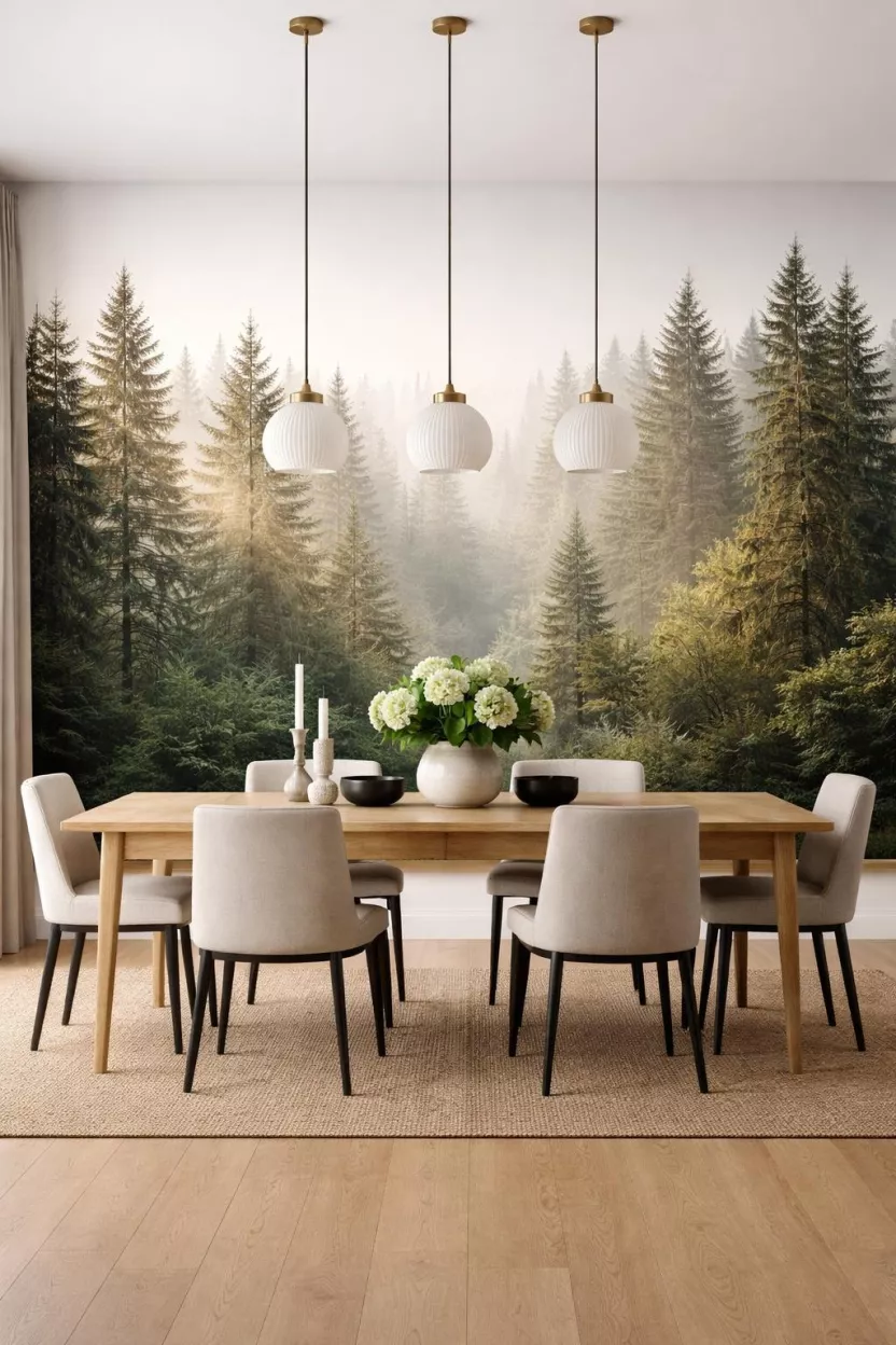 A realistic photo of a dining room with a large panoramic forest mural on the back wall and a minimalist wooden table.