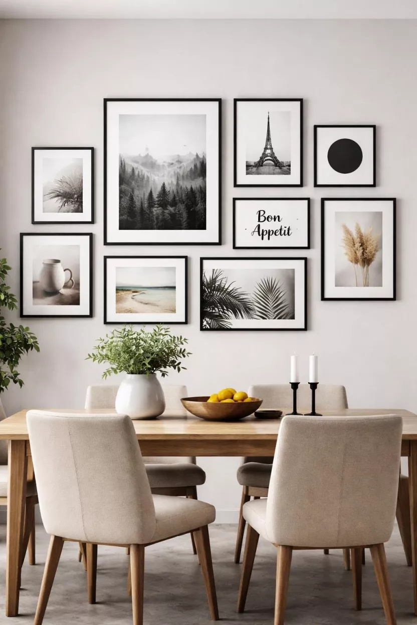 A realistic photo of a dining room with a collection of black framed prints and photos arranged neatly on a light grey wall.
