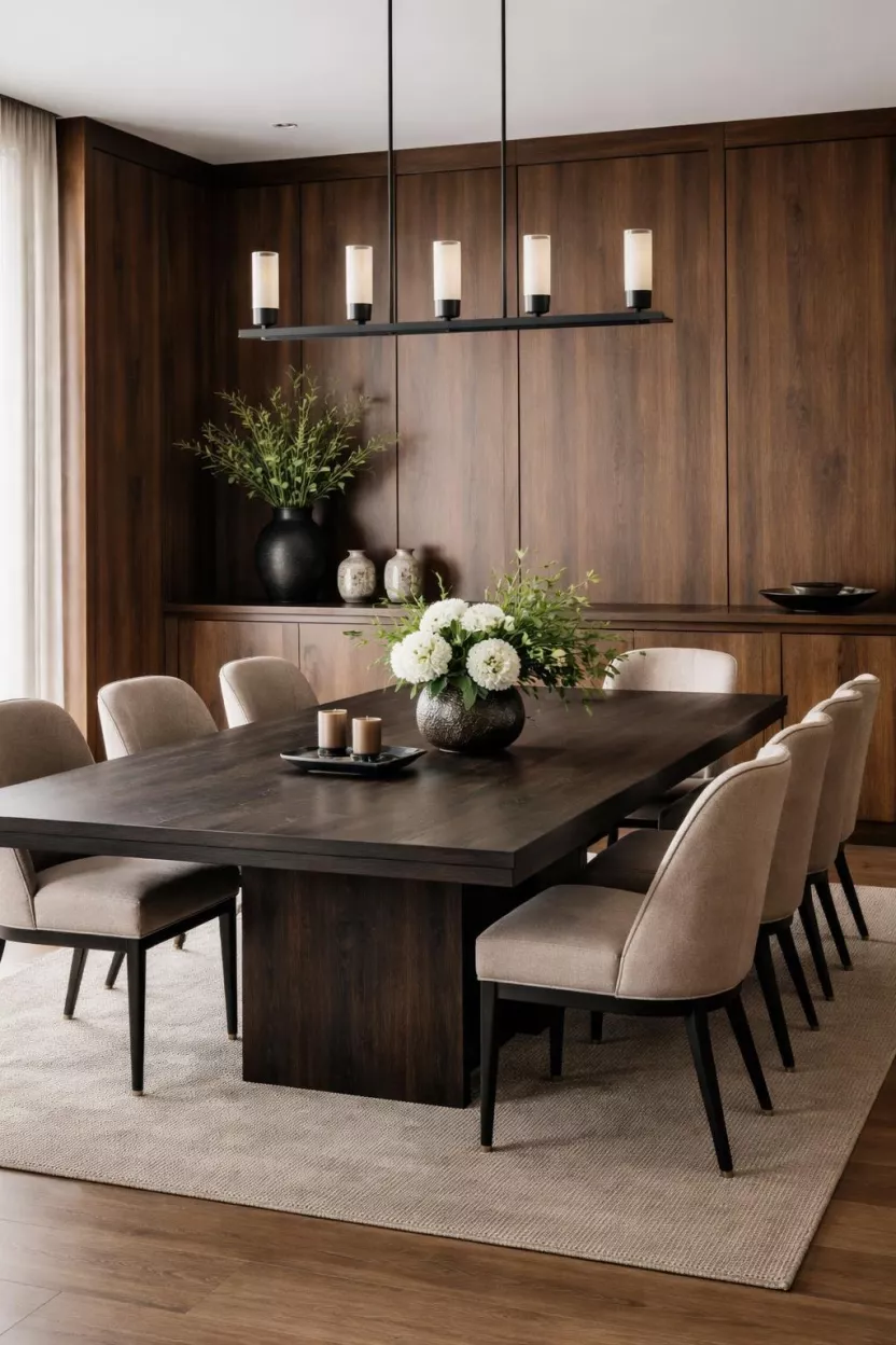 A realistic photo of a dining room featuring a raw dark wood dining table with a matte finish and matching wood wall paneling.