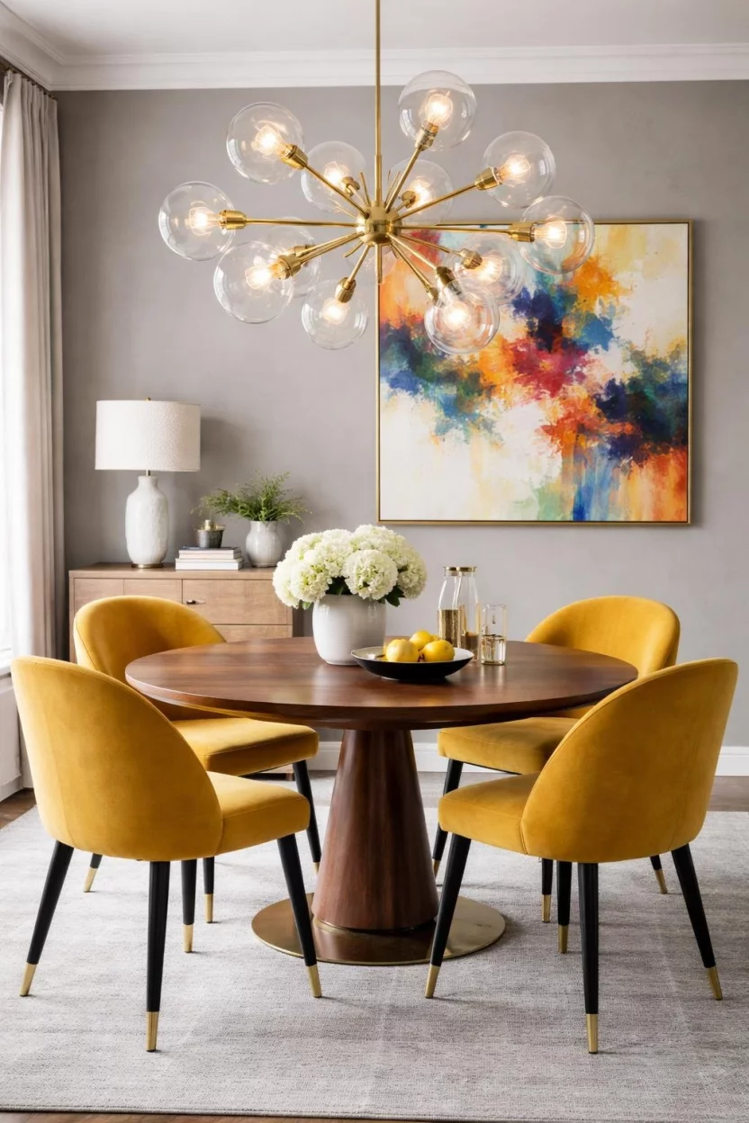 A realistic photo of a dining room with a gold brass sputnik chandelier featuring multiple glass globes, a round walnut table, mustard yellow accent chairs, and an abstract colorful painting on a grey wall.