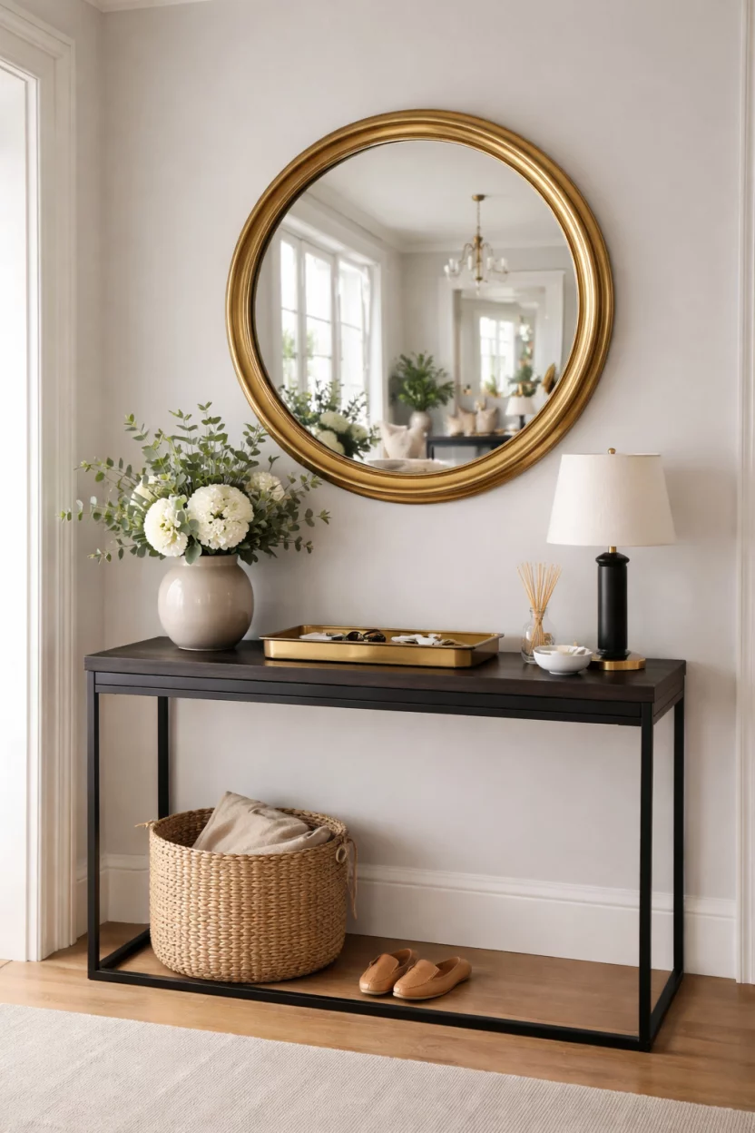 A realistic photo of an entryway with a brass round convex mirror mounted on a gray wall over a black narrow entryway table with a brass tray.