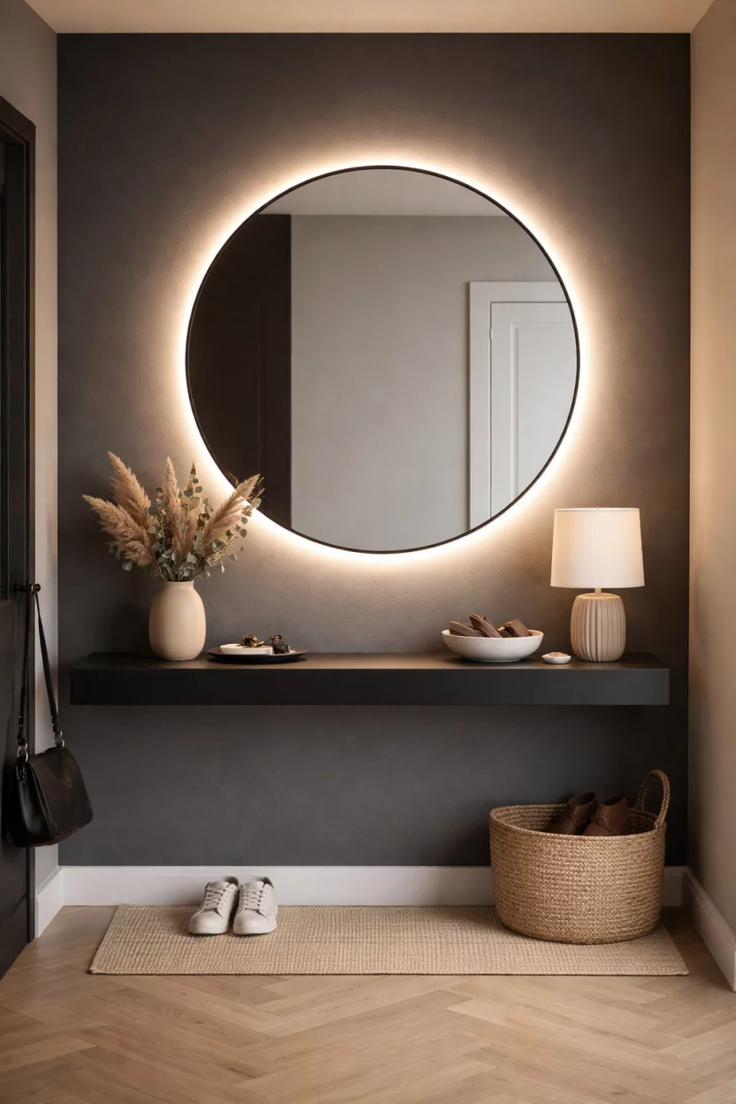 A realistic photo of an entryway with a large circular LED backlit mirror glowing against a charcoal gray wall above a sleek black shelf.