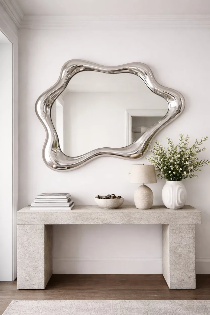 A realistic photo of an entryway with a silver asymmetrical organic wavy mirror on a white wall above a stone console table with a stack of magazines.