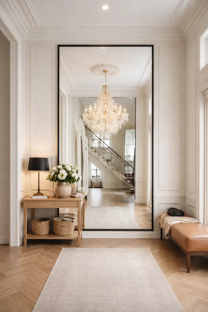 A realistic photo of an entryway featuring a massive floor to ceiling mirror with a thin black frame reflecting a grand chandelier.