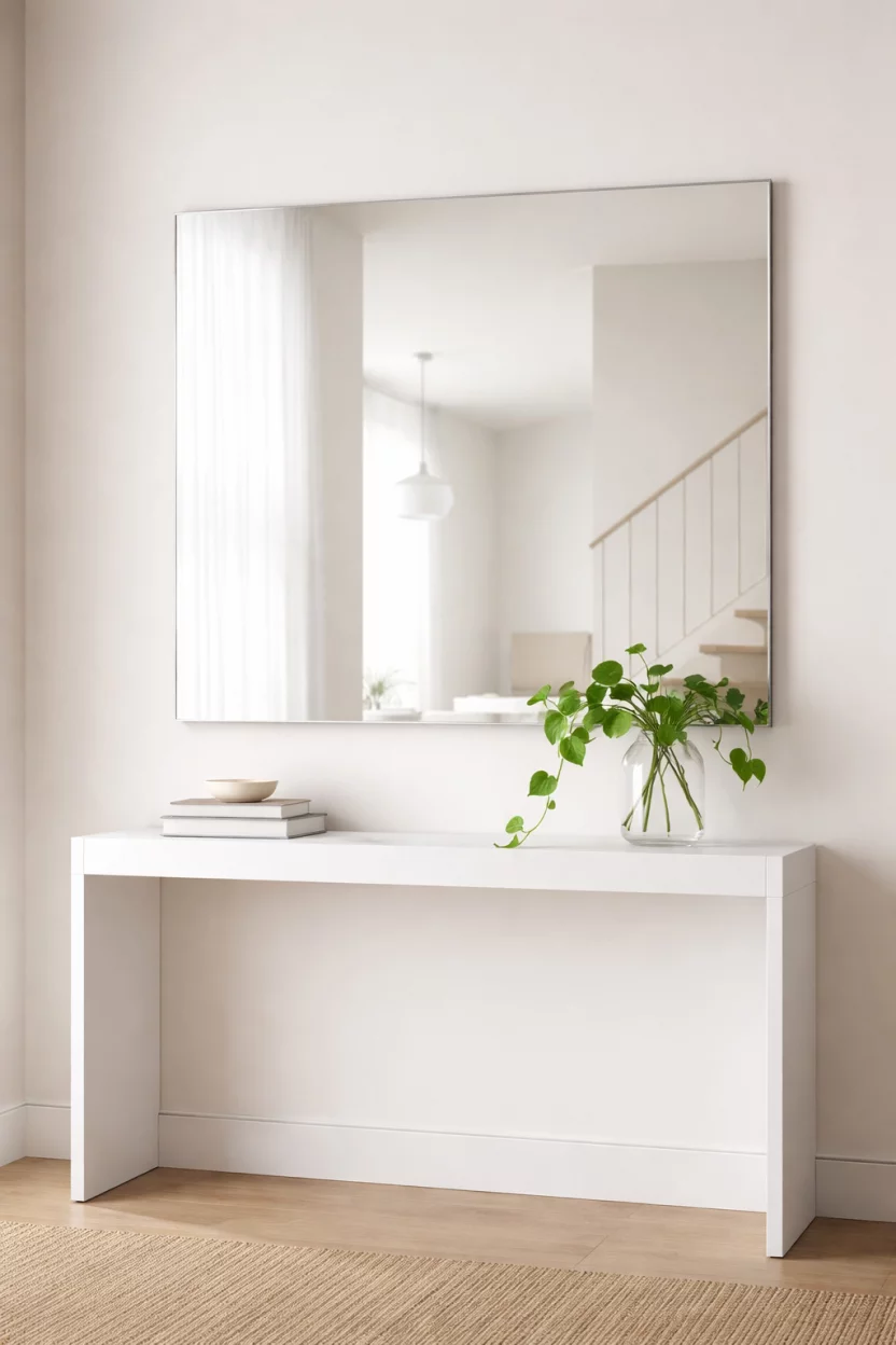 A realistic photo of an entryway with a large frameless minimalist mirror hung precisely over a sleek white console table decorated with a single green vine in a glass jar.