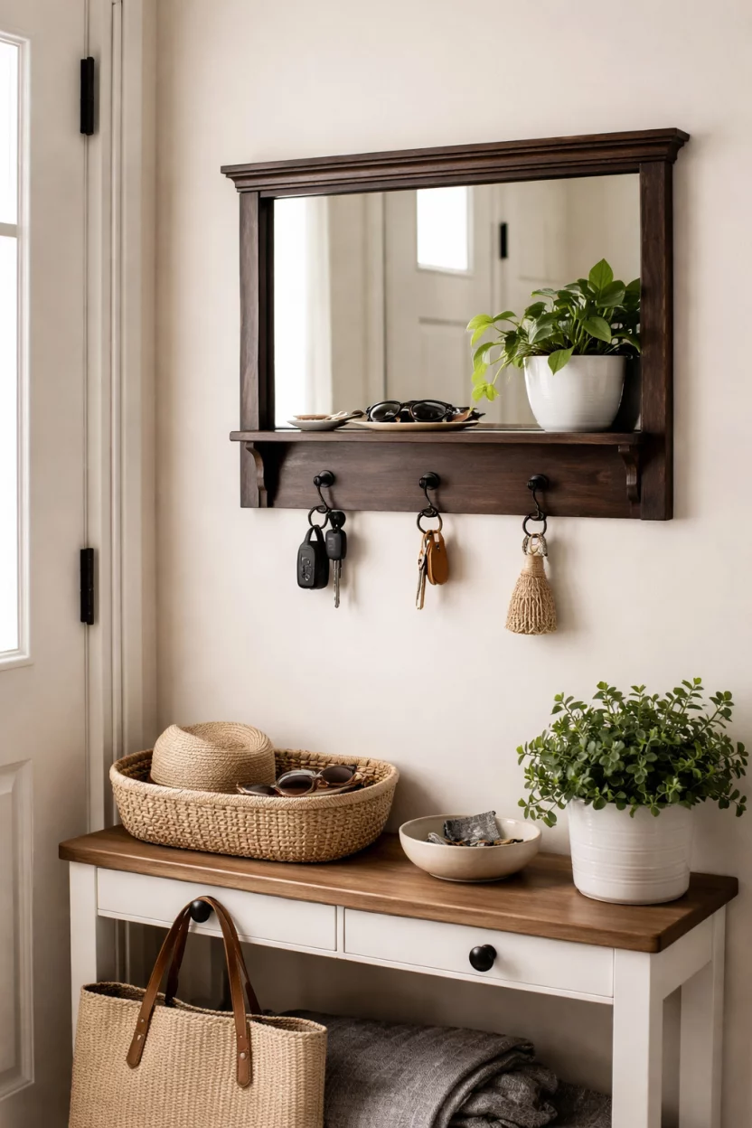 A realistic photo of an entryway with a dark wood shelved functional mirror containing three black metal hooks for keys and a small plant.