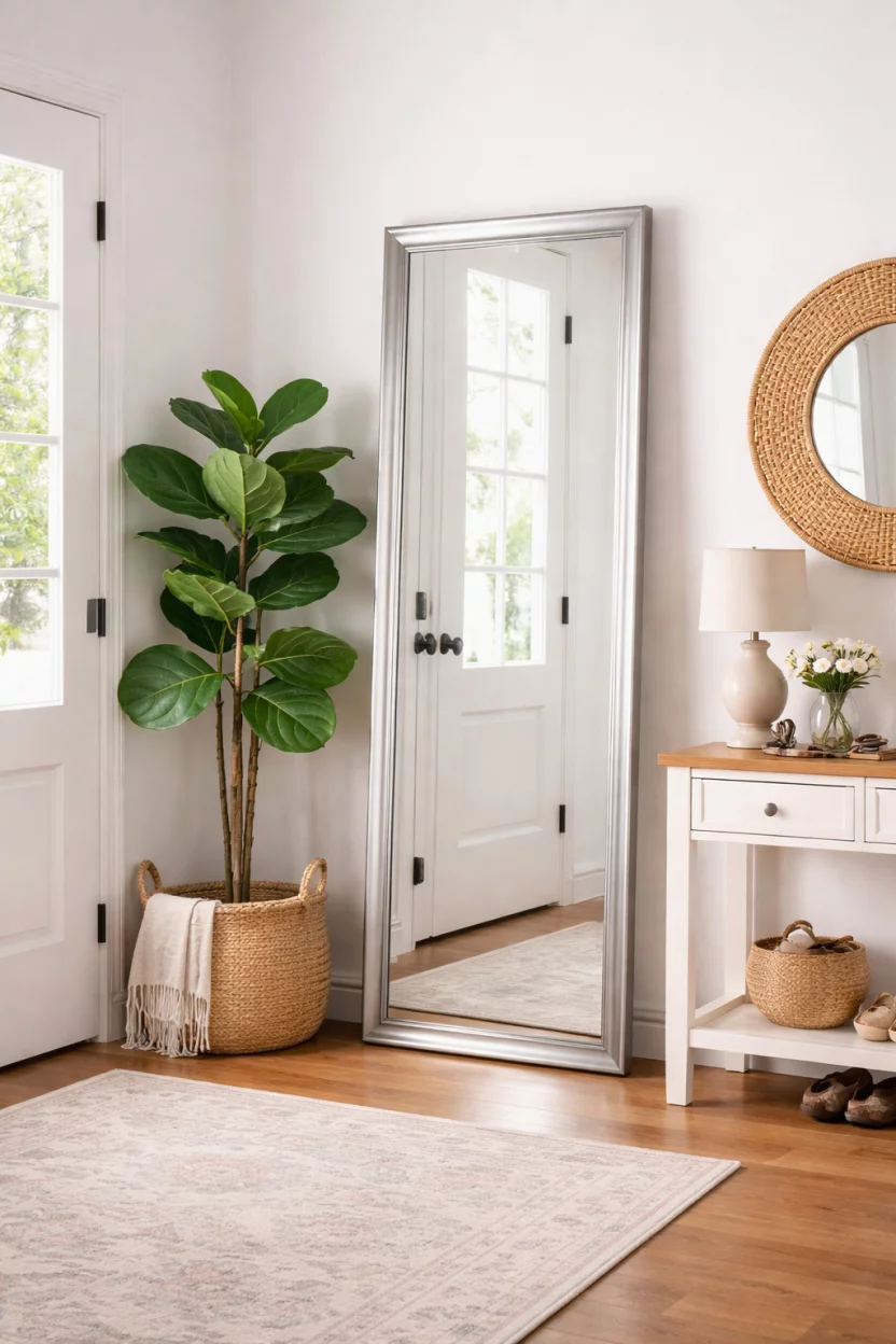 A realistic photo of an entryway showing a tall silver full length floor mirror standing in the corner next to a woven basket and a leafy fiddle leaf fig plant.