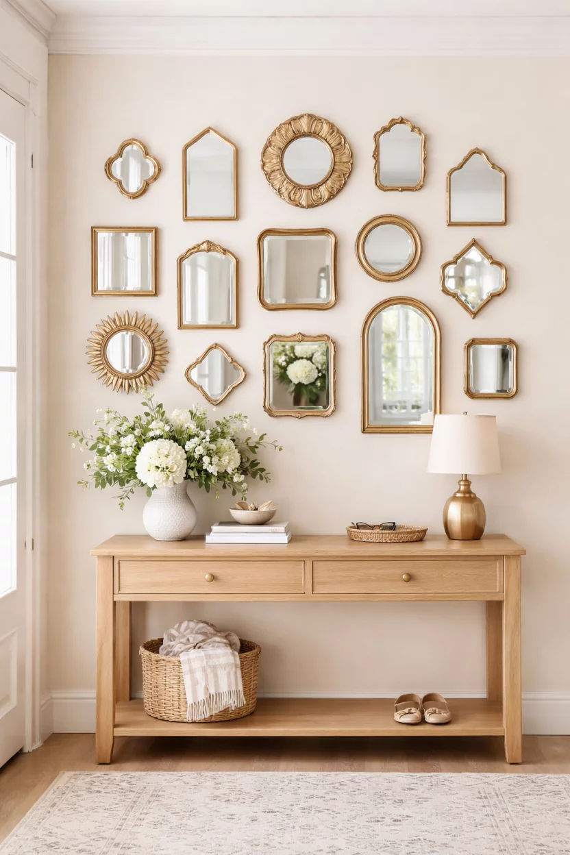 A realistic photo of an entryway featuring a mirror gallery wall of small gold and silver mirrors in various shapes above a light wood console.