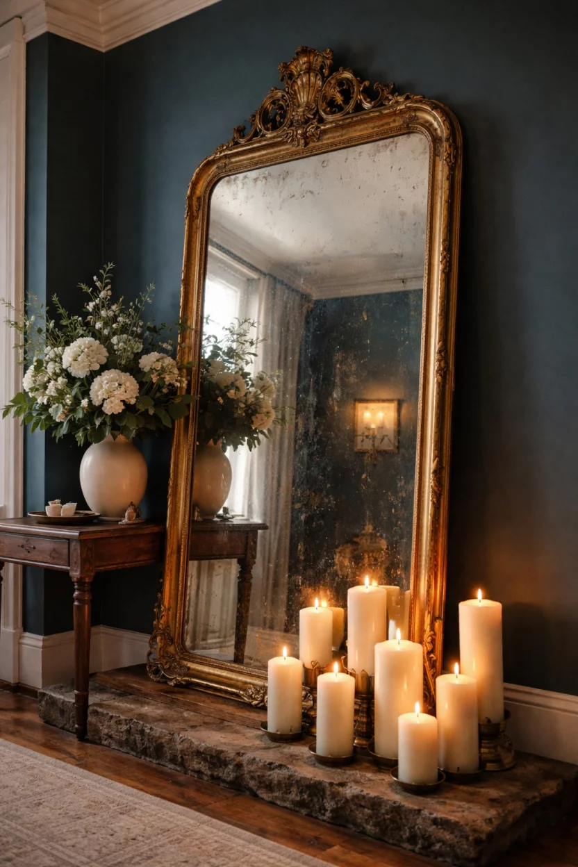 A realistic photo of an entryway displaying a gold vintage antique mirror with a distressed finish leaning against a dark teal wall above a group of tall candles.