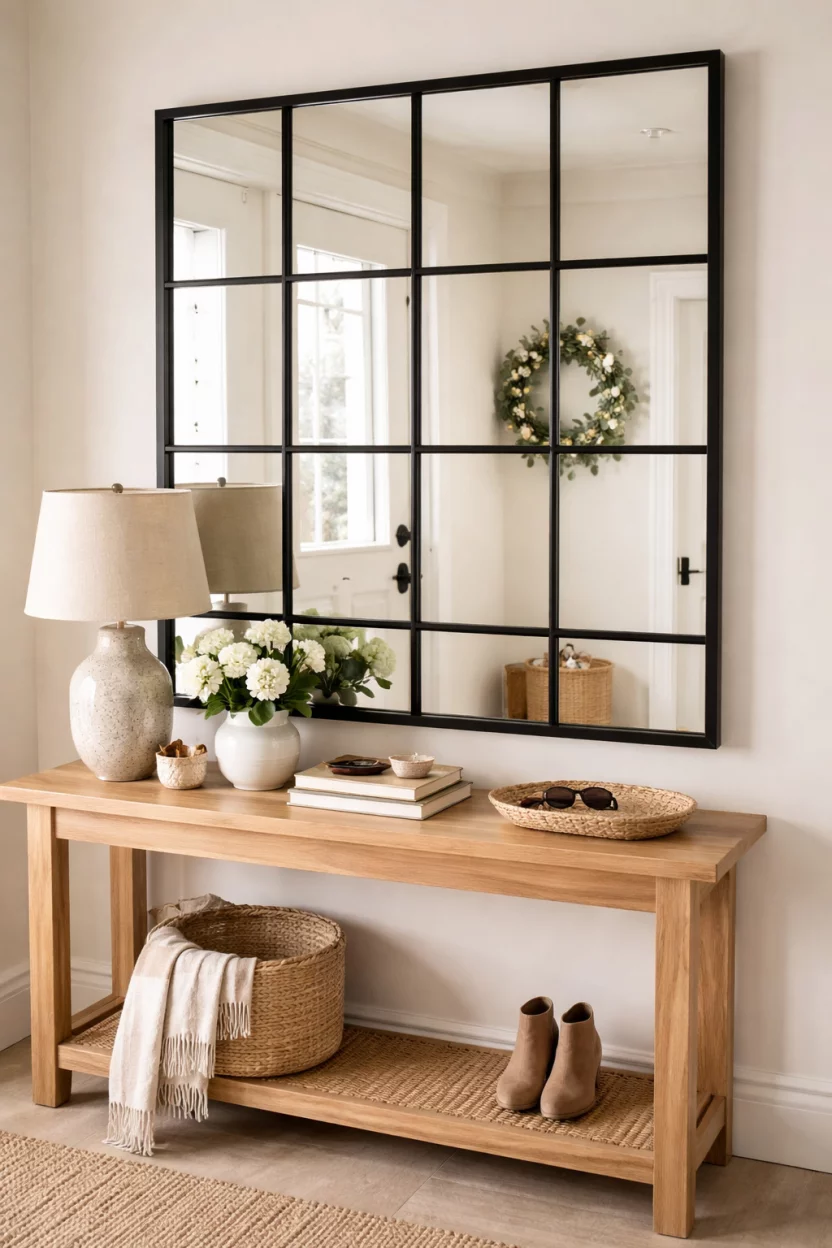 A realistic photo of an entryway with a black windowpane style mirror reflecting a doorway with a green seasonal wreath on the wall next to it.