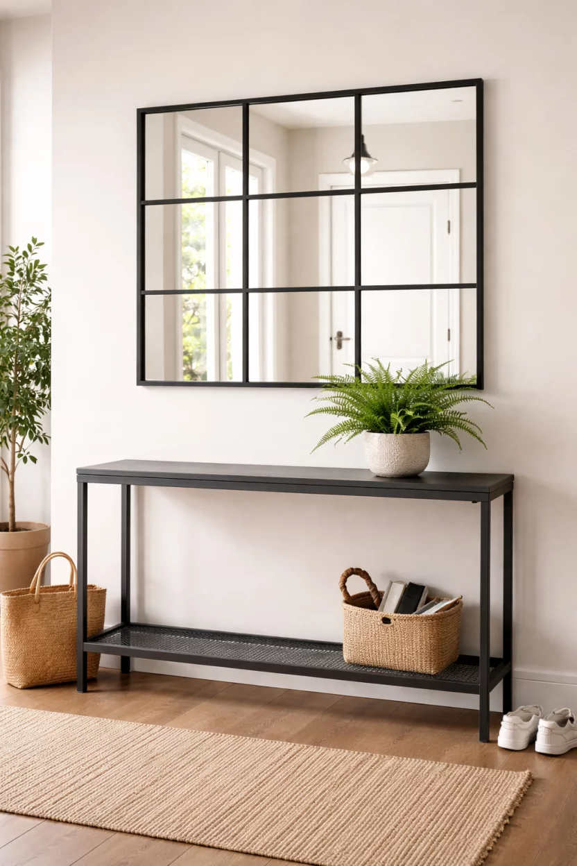 A realistic photo of an entryway showing a black framed industrial mirror with a metal grid above a steel console table with a single green potted fern.