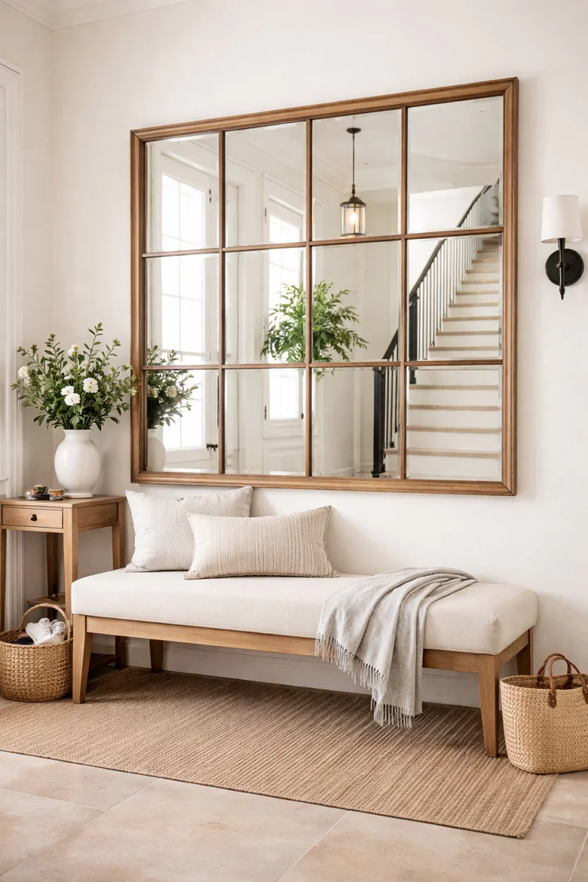 A realistic photo of an entryway featuring a large wood framed multi panel mirror with beveled glass above a beige fabric bench.