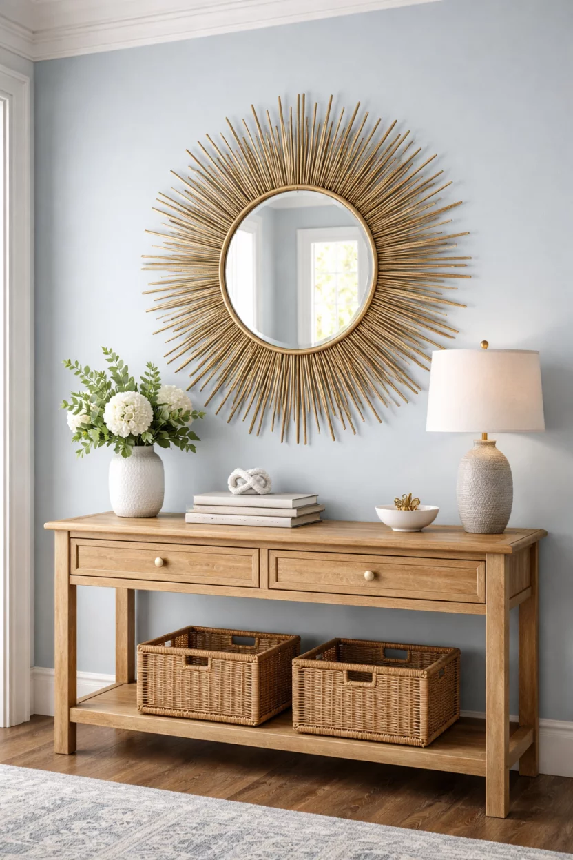 A realistic photo of an entryway with a metallic sunburst mirror centered on a light blue wall above a natural wood console holding a stack of books.